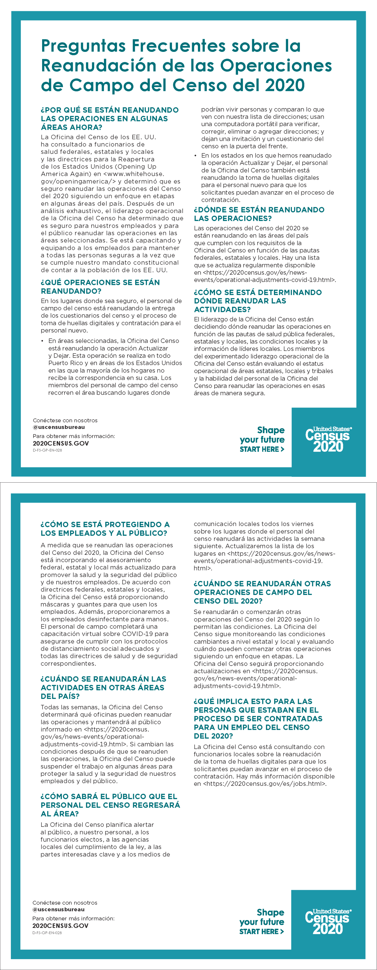 Preguntas Frecuentes sobre la Reanudación de las Operaciones de Campo del Censo del 2020