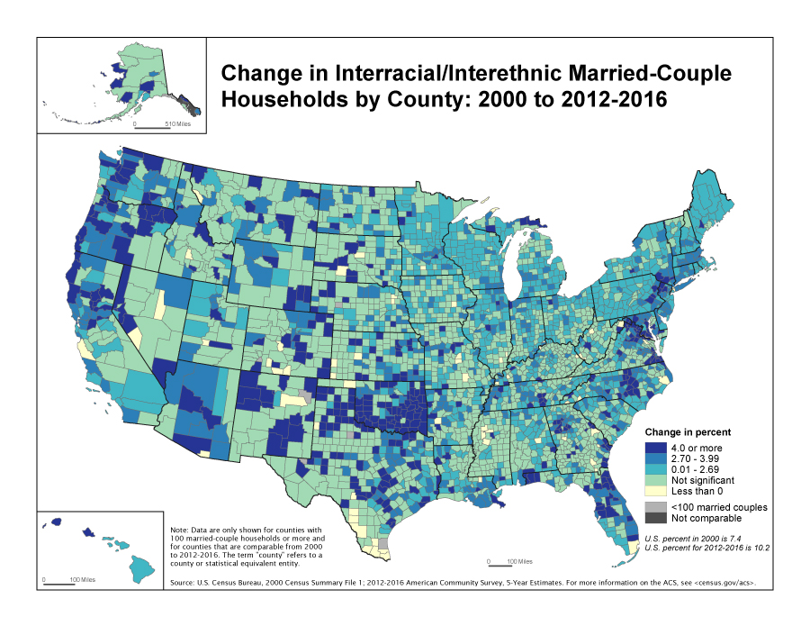 Change in Interracial/Interethnic Married-Couple Households by County: 2000 to 2012-2016