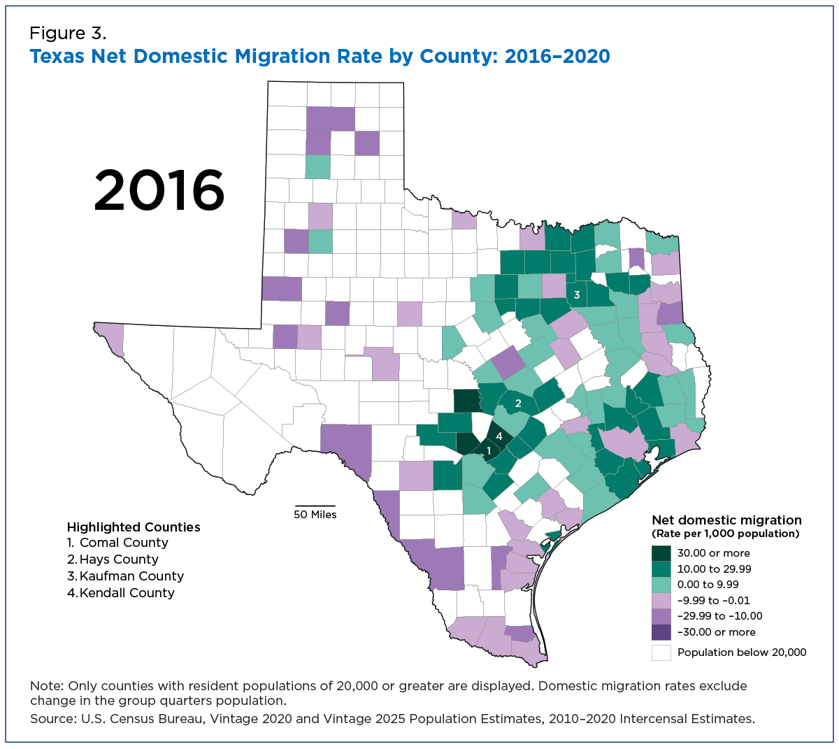 Figure 3. Texas Net Domestic Migration Rate by County: 2016-2020