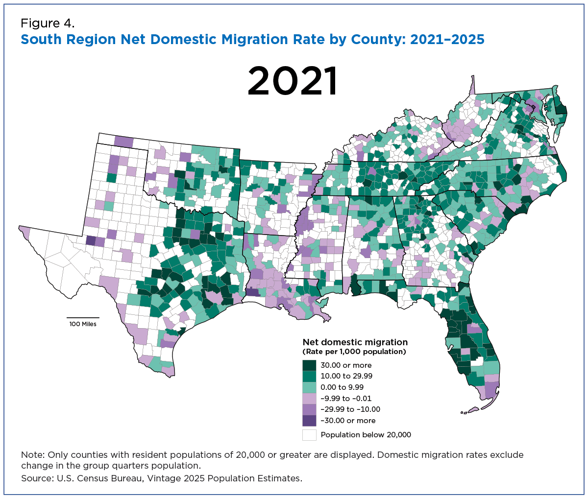 Figure 4. South Region Net Domestic Migration Rate by County: 2021-2025