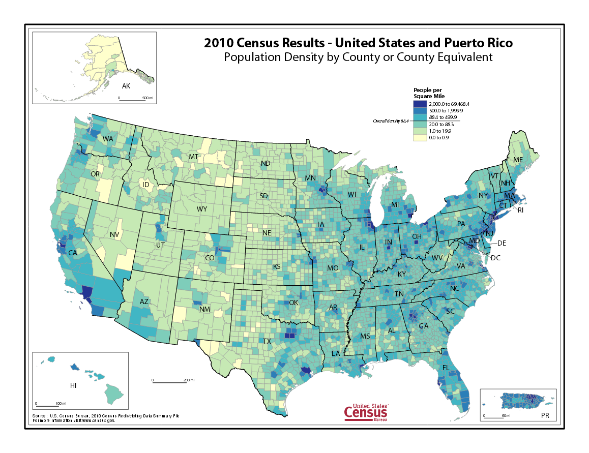 2010 Census Results - United States and Puerto Rico Population Density by County or County Equivalent