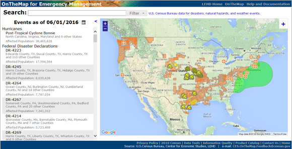 Screenshot of OnTheMap for Emergency Management showing Events as of June 1, 2016