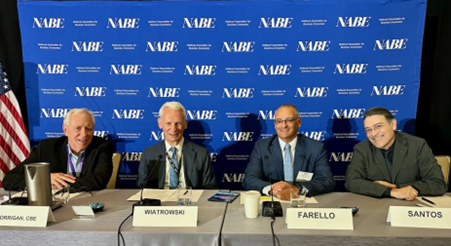 Photo: Participating in a panel discussion at the National Association for Business Economics Conference with William Wiatrowski, Deputy Commissioner, Bureau of Labor Statistics; Paul Farello, Associate Director for International Economics, Bureau of Economic Analysis; and Michael W. Horrigan, CBE, W.E. Upjohn Institute.