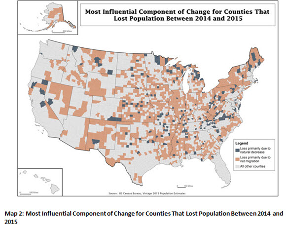 Map 2: Most Influential Component of Change for Counties that Lost Population Between 2014 and 2015