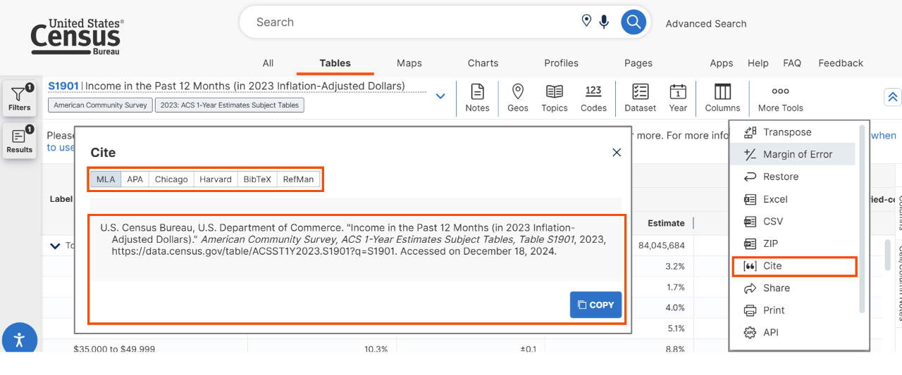 New Citation Button for Estimates on Data.Census.Gov